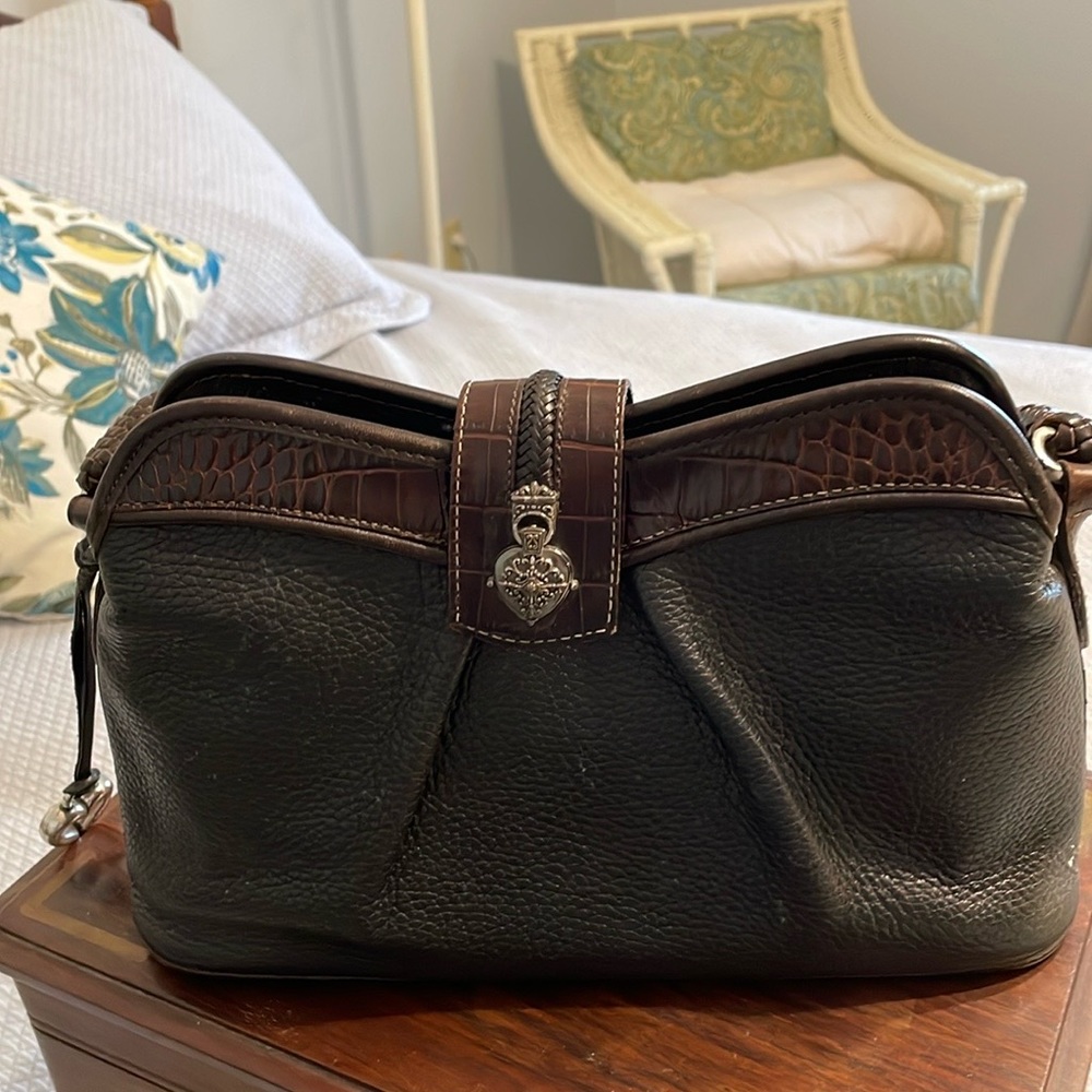 Brighton Purse Black Pebble Texture Leather W/ Braided Brown Strap; Like New